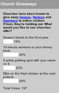 Churches have been known to give away houses, Harleys and hummers to entice visitors. C'mon, they're holding out. What would you like to see churches offer?