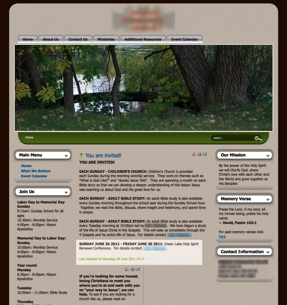 Screenshot of a vastly outdated church website