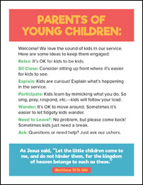 Pew card to welcome kids and parents to church.